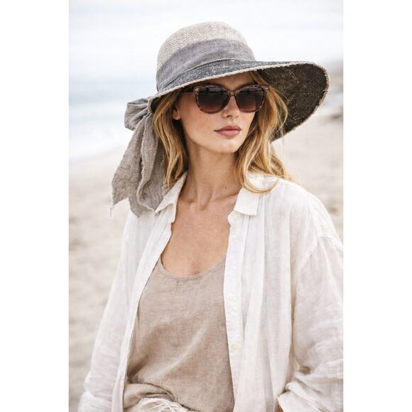 Gray Distressed Wide Brim Sun Hat UPF 50 Linen Bow Coastal Chic main image 5